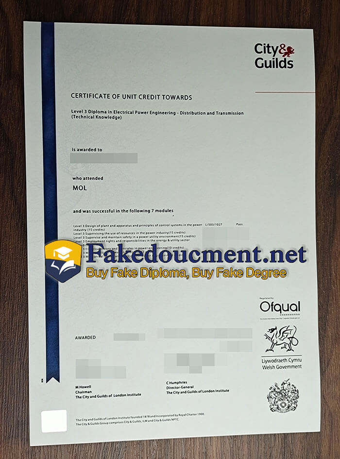 purchase fake City & Guilds Level 3 diploma in Electrical Power Engineering Transcript