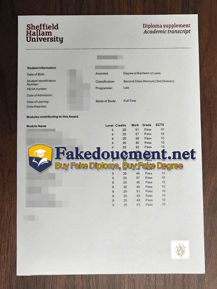 purchase fake Sheffield Hallam University Transcript