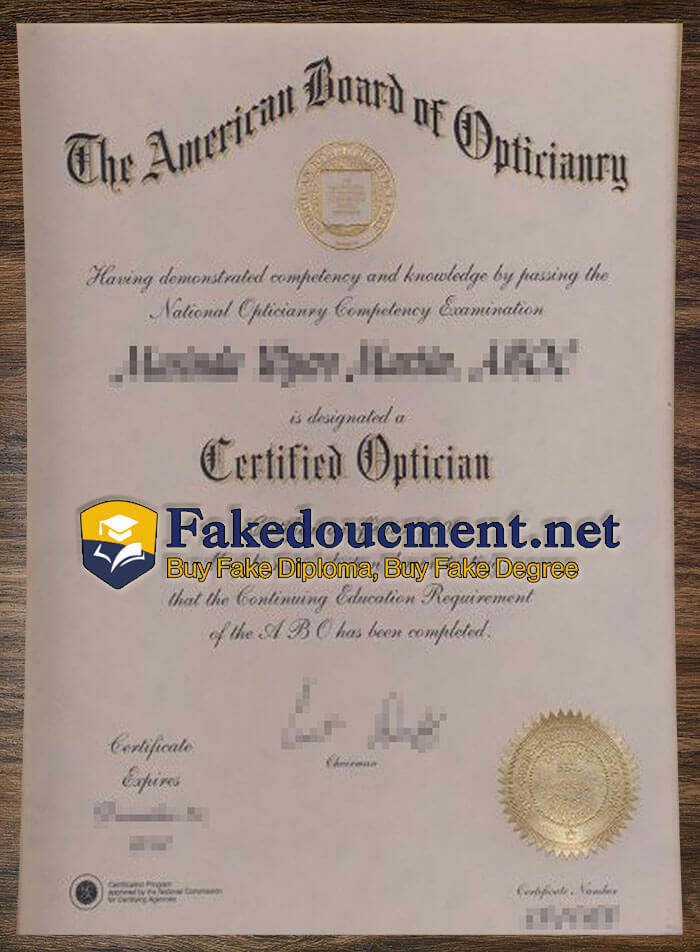 purchase realistic American Board of Opticianry certificate