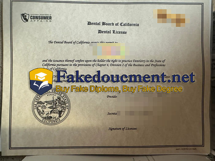 purchase realistic Dental Board of California Dental License certificate