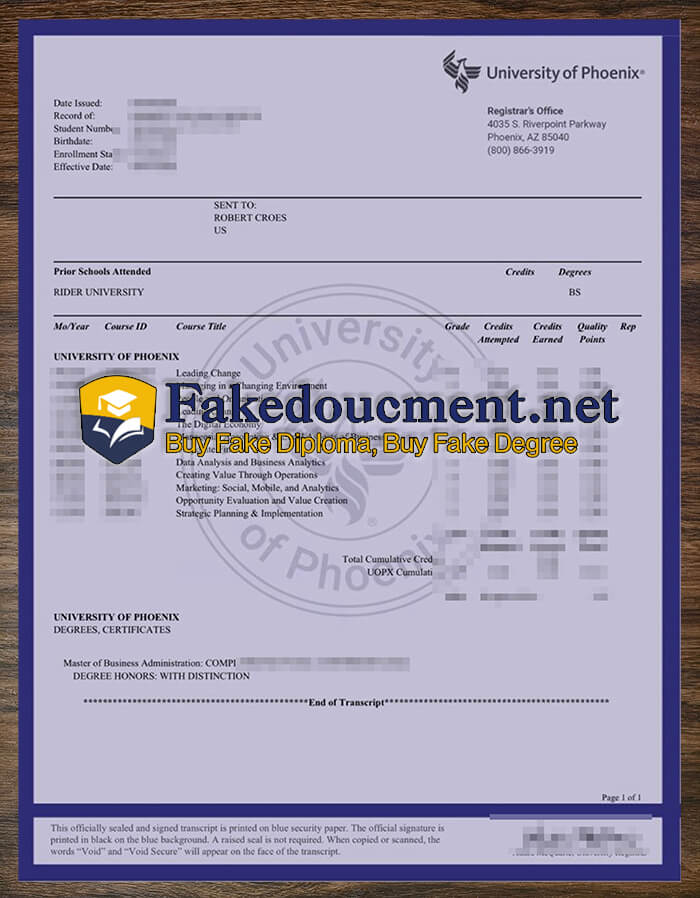 purchase realistic University of Phoenix Transcript