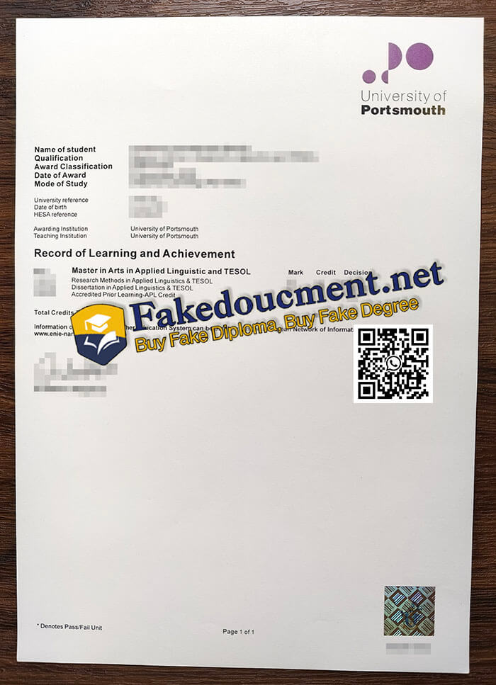 purchase realistic University of Portsmouth Transcript