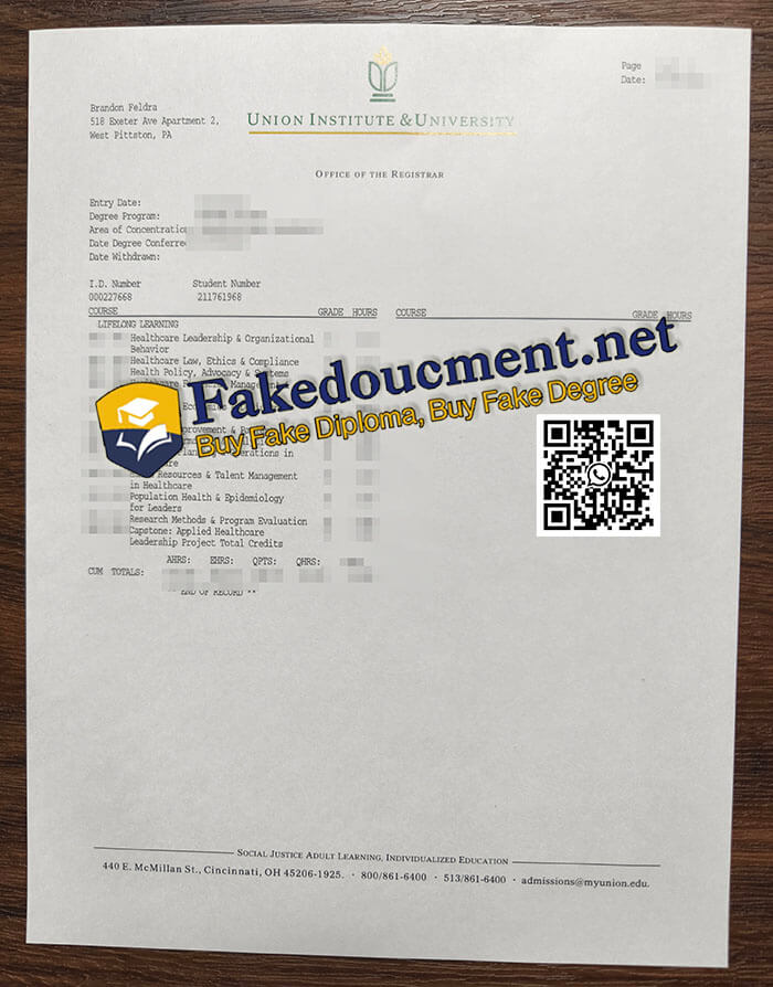 purchase realistic Union Institute & University Transcript
