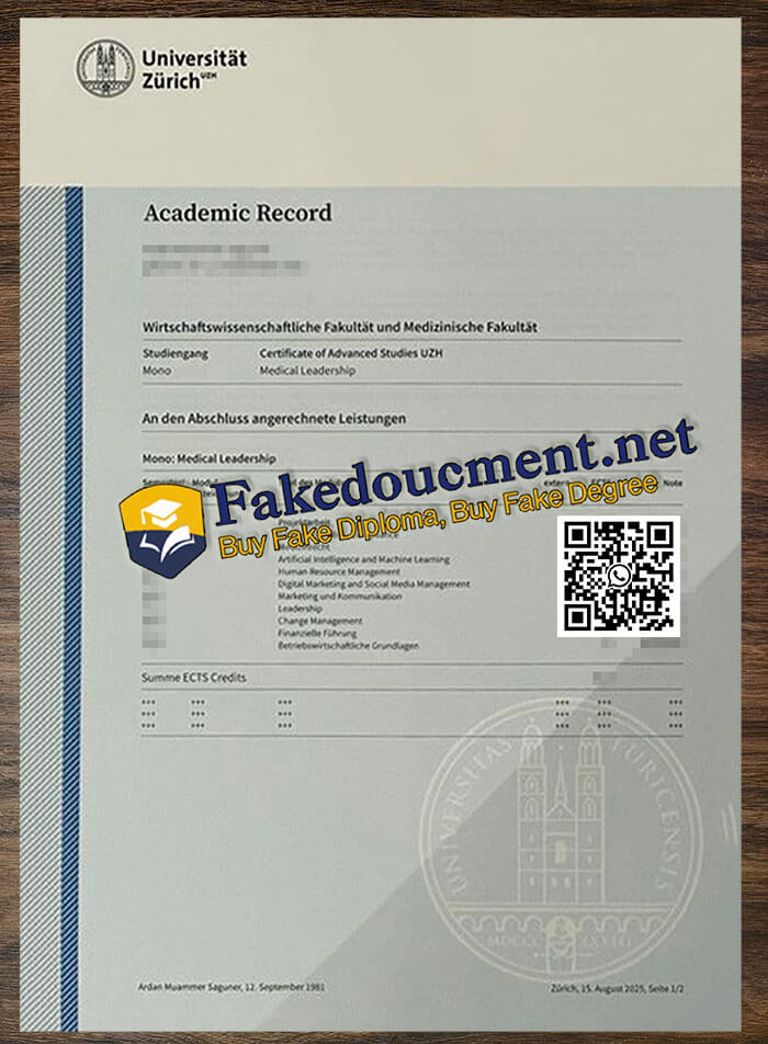 purchase realistic Universität Zürich Transcript